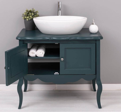 Waschbeckenunterschrank aus Massivholz | Waschtisch mit 2 Türen und geschwungenen Beinen - Petrol