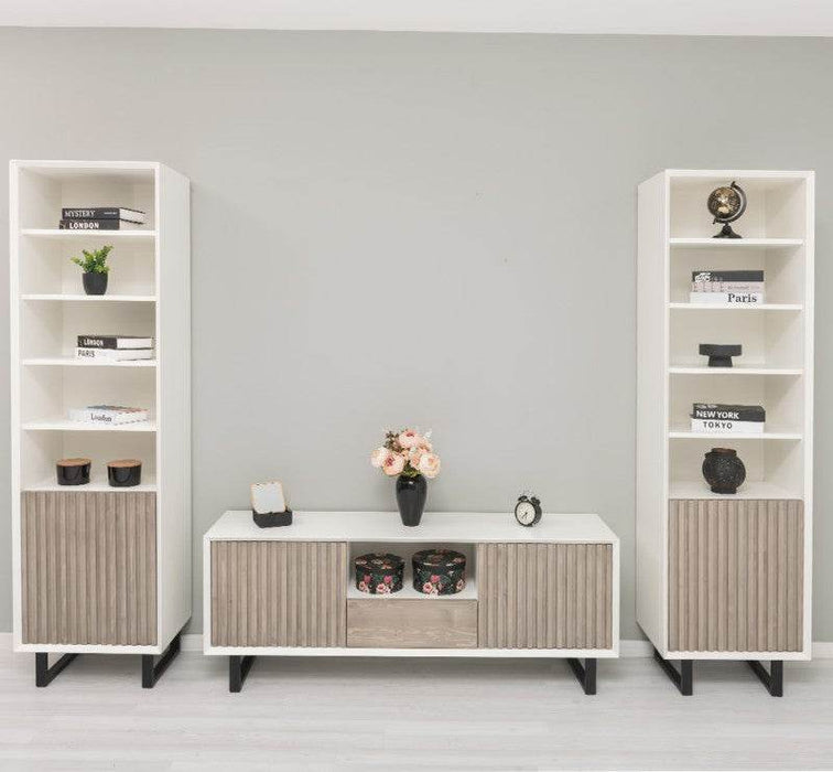 Wohnzimmer-Set mit Akustiklamellen | TV-Board aus Massivholz mit zwei Standregalen -