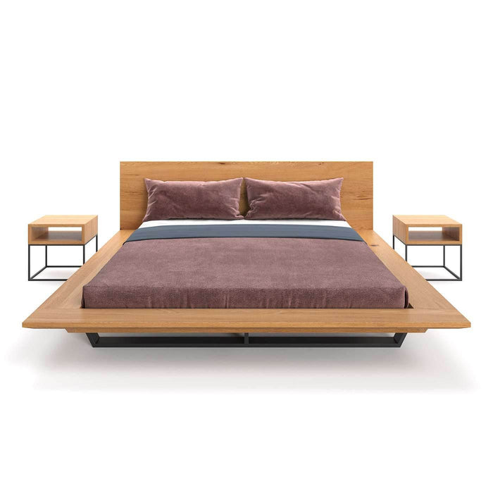 Schlafzimmer-Set | Industrial Bett aus massiver Eiche und Metall mit zwei Nachttischen | Nova + 2x Loom - 140 x 200