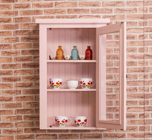 Schmaler Hängeschrank aus Massivholz mit Glastür | Geschirrvitrine hängend - Vintage - Pink