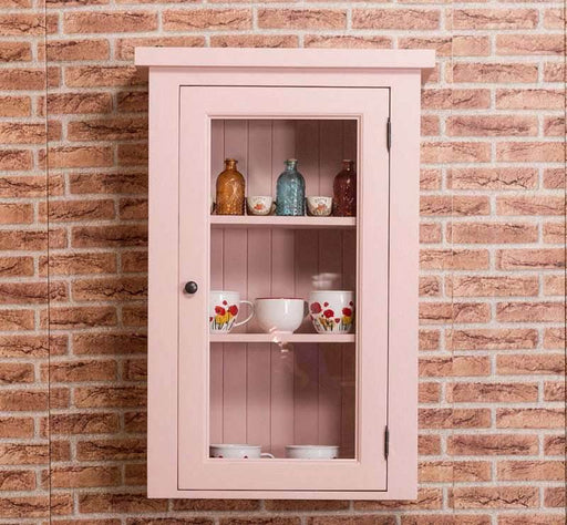Schmaler Hängeschrank aus Massivholz mit Glastür | Geschirrvitrine hängend - Vintage - Pink