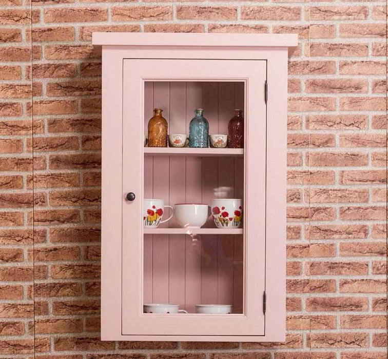 Schmaler Hängeschrank aus Massivholz mit Glastür | Geschirrvitrine hängend - Vintage - Pink