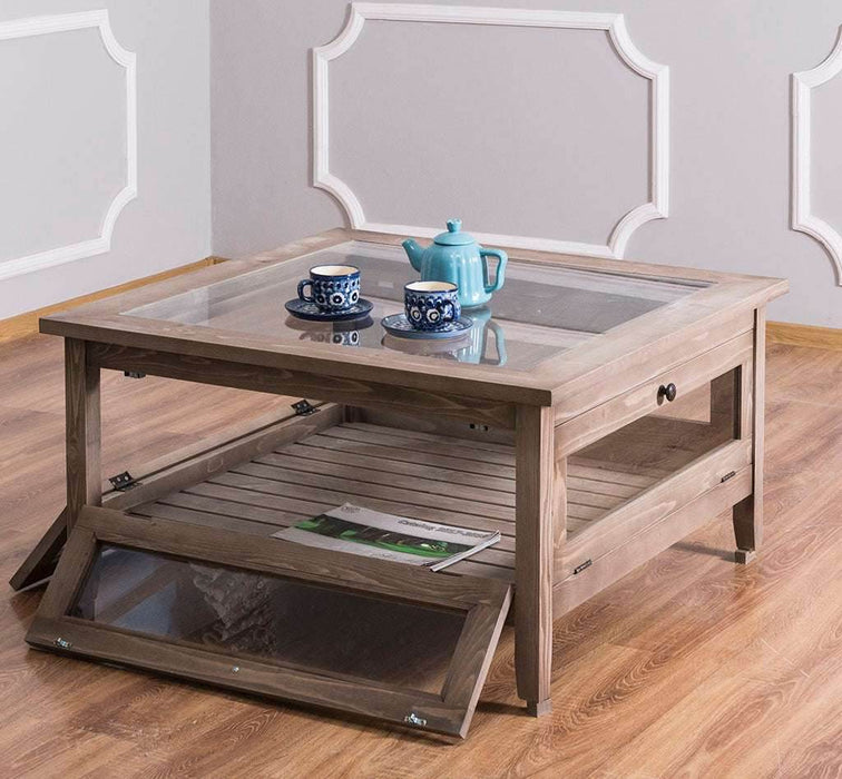 Couchtisch aus Massivholz mit Vitrine - Fenstertüren und Glasplatte - Gewachst