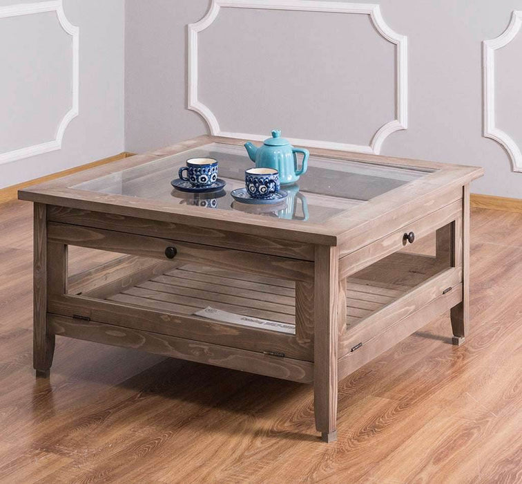 Couchtisch aus Massivholz mit Vitrine - Fenstertüren und Glasplatte - Gewachst