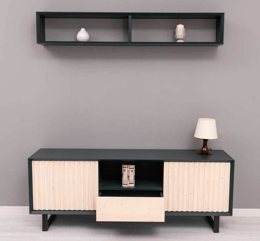 Wohnzimmer-Set | TV-Board aus Massivholz - Flaches Sideboard mit 2 Türen und Schublade und Wandregal - Petrol
