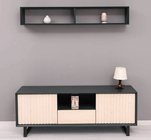 Wohnzimmer-Set | TV-Board aus Massivholz - Flaches Sideboard mit 2 Türen und Schublade und Wandregal - Petrol
