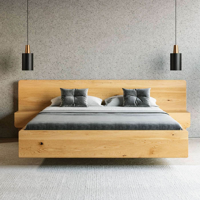Massives Schwebebett aus Eiche mit integrierten Nachttischen | WIDE - 140 x 200