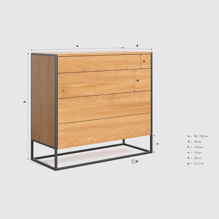 Industrial Sideboard aus massiver Eiche | Kommode Moon mit vier Schubladen - in verschiedenen Größen - 80 x 50 x 110