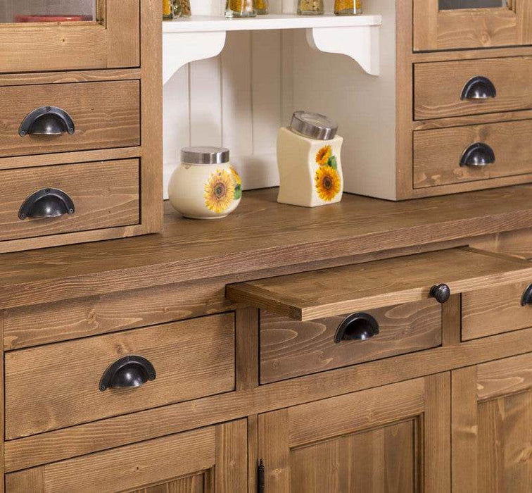 Küchen- und Buffetschrank aus Massivholz im Landhausstil-Gewachst-Weiß-links-detail-auszieh-brett