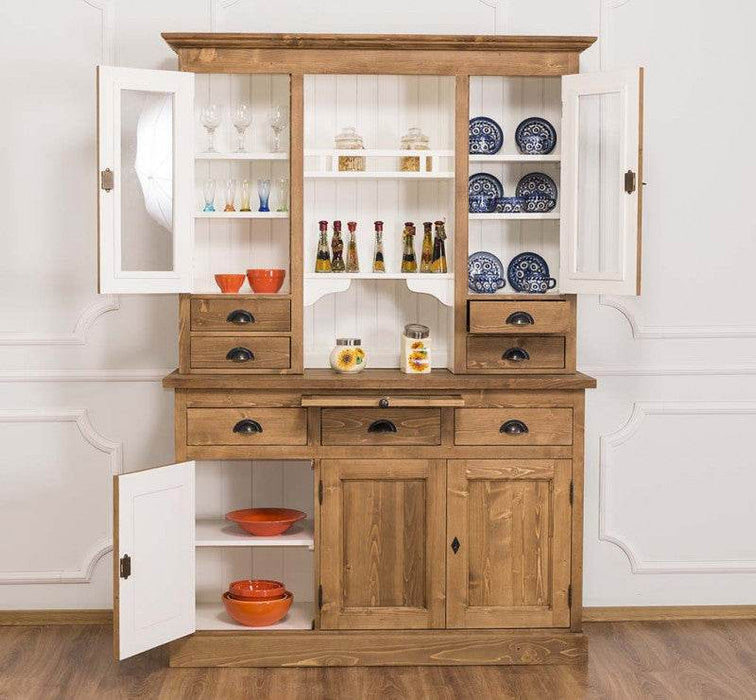 Küchen- und Buffetschrank aus Massivholz im Landhausstil - Gewachst | Weiß-front-offen