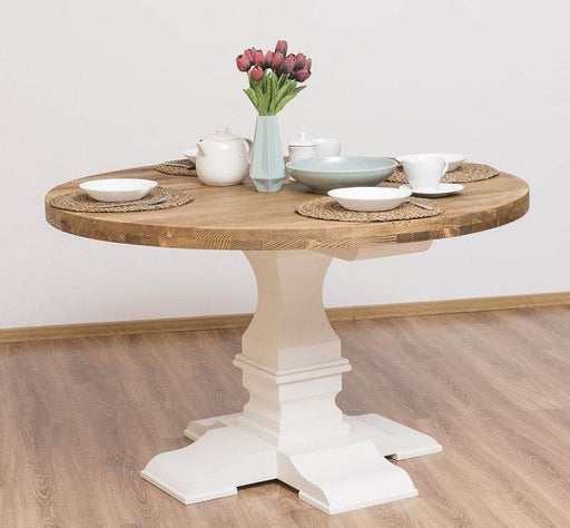 Esstisch aus Massivholz Rund im Landhausstil - mit Eichenplatte oder Pinienplatte - Pinie gebürstet | Weiß