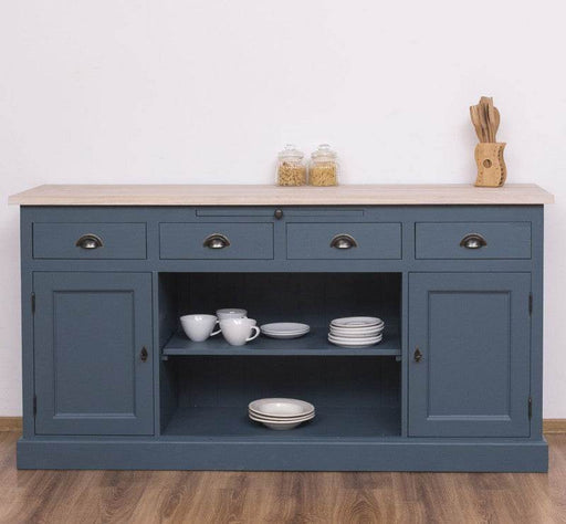 Sideboard aus Massivholz mit Eichenplatte | Kommode mit 4 Schubladen und 2 Türen und mittigem Auszug - Blau