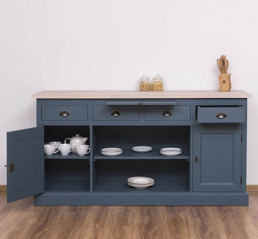 Sideboard aus Massivholz mit Eichenplatte | Kommode mit 4 Schubladen und 2 Türen und mittigem Auszug - Blau