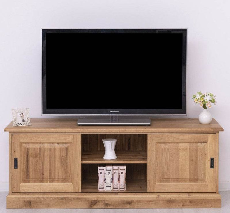TV-Board aus massiver Eiche mit 2 Schiebetüren und Staufächern -