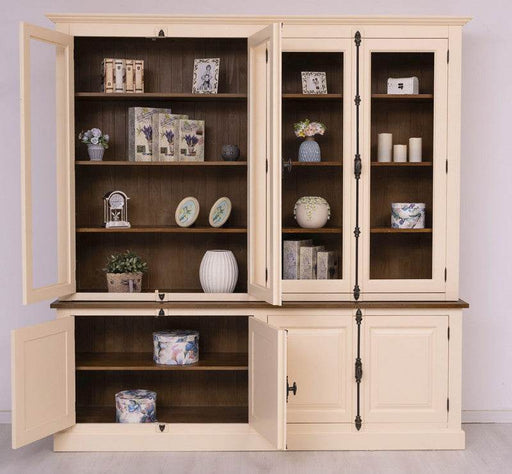 Großer Wohnzimmer Schrank aus Massivholz | Geschirrschrank | Vitrine | Bücherschrank 2-teilig mit externem Verschlusssystem - Beige