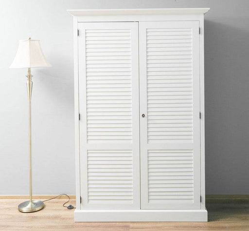 Abschließbarer Kleiderschrank aus Massivholz mit Lamellentüren | Vintage | 2-Türer - Weiß