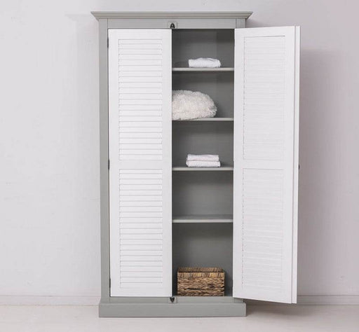 Kleiderschrank aus Massivholz mit Lamellentüren mit 4 Einlegeböden - Grau | Weiß