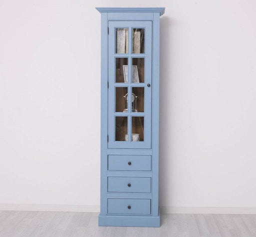 Schlanke Vitrine aus Massivholz mit 3 Schubladen -