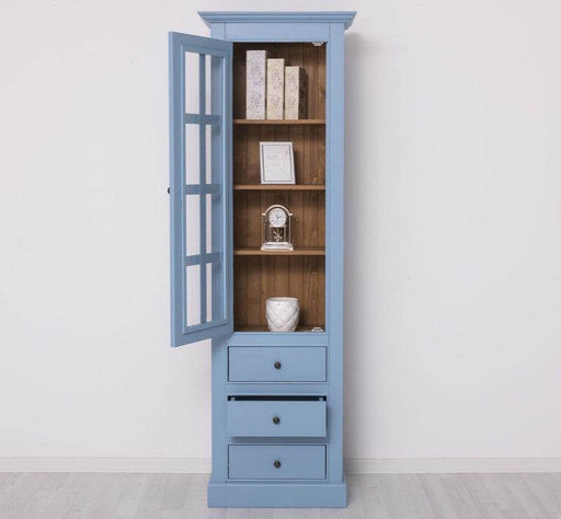 Schlanke Vitrine aus Massivholz mit 3 Schubladen -