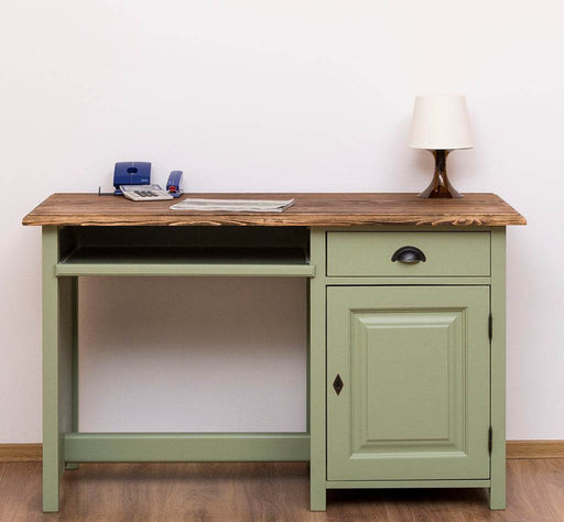 Schreibtisch aus Massivholz mit ausziehbarem Tastaturbrett | Computertisch | mit Eichenplatte - Eiche | weiß Antik