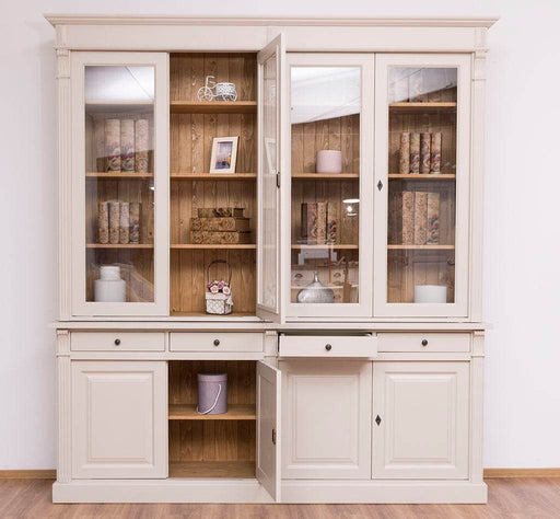 Vitrine aus Massivholz | Regalschrank Kombination - Creme - mit Schubladen