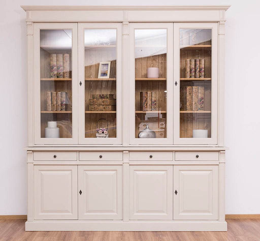 Vitrine aus Massivholz | Regalschrank Kombination - Creme - mit Schubladen