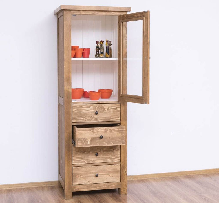 Hochschrank aus Massivholz mit Glastür - Küchenschrank - Pinie gewachst | weiß