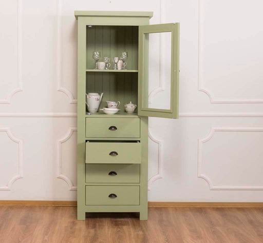 Hochschrank aus Massivholz mit Glastür - Küchenschrank - Salbei