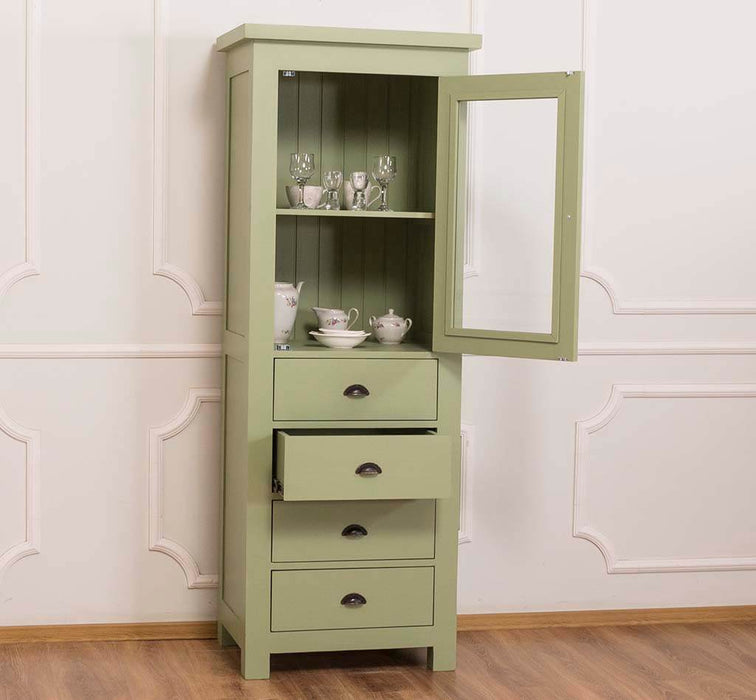 Hochschrank aus Massivholz mit Glastür - Küchenschrank - Salbei