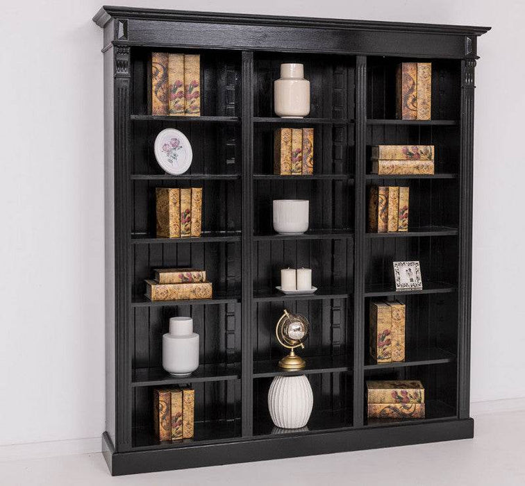 Großes Bücherregal aus Massivholz mit verzierter Kranzleiste | Regalwand in Schwarz -