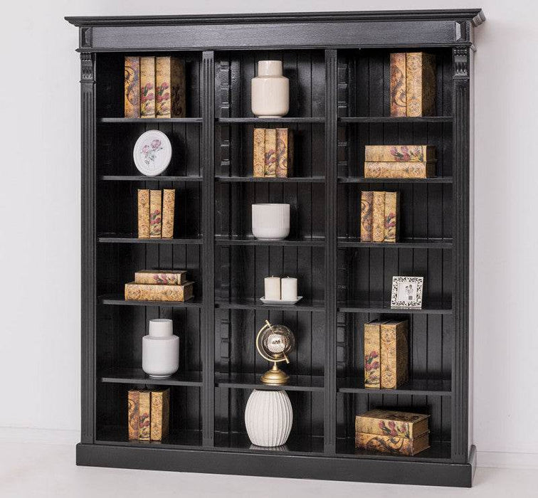 Großes Bücherregal aus Massivholz mit verzierter Kranzleiste | Regalwand in Schwarz -