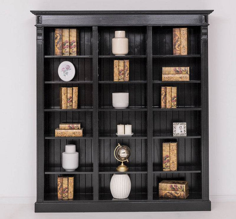 Großes Bücherregal aus Massivholz mit verzierter Kranzleiste | Regalwand in Schwarz -