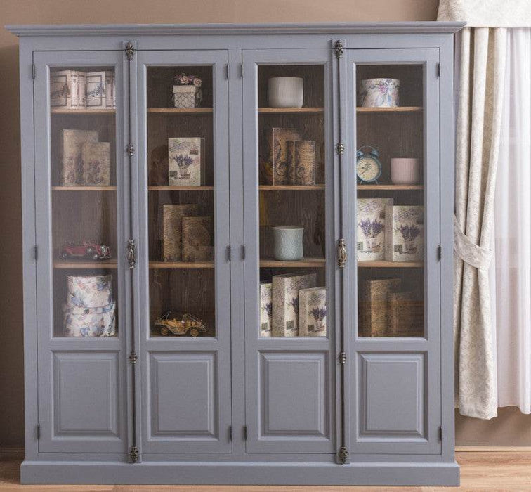 Großer Bücherschrank aus Massivholz mit externem Verschlusssystem | Vitrine | 4-türig - Grau - Natur