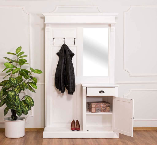 Garderobe aus Massivholz mit Spiegel und Schrankablage - Weiß