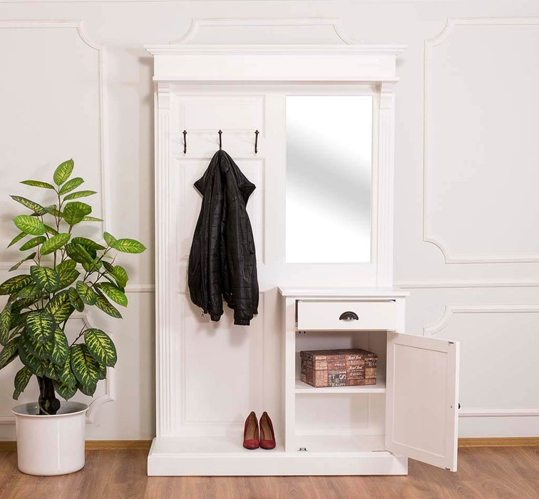 Garderobe aus Massivholz mit Spiegel und Schrankablage - Weiß