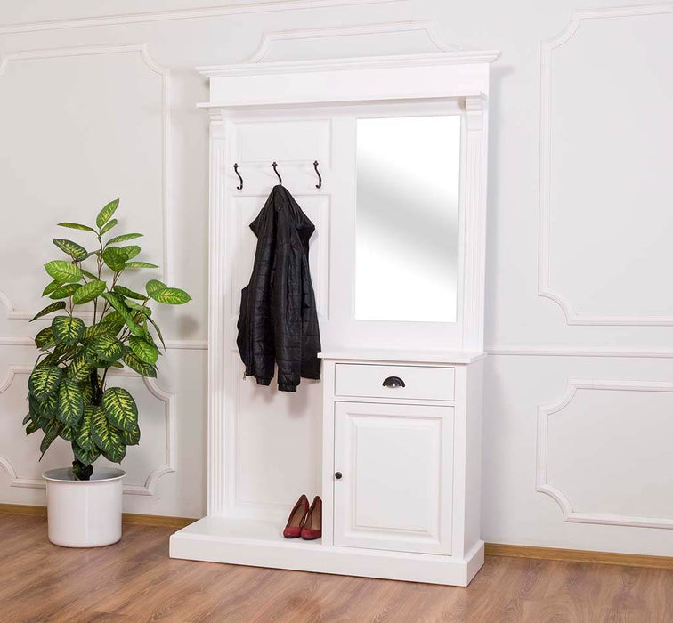 Garderobe aus Massivholz mit Spiegel und Schrankablage - Weiß