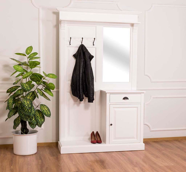 Garderobe aus Massivholz mit Spiegel und Schrankablage - Weiß
