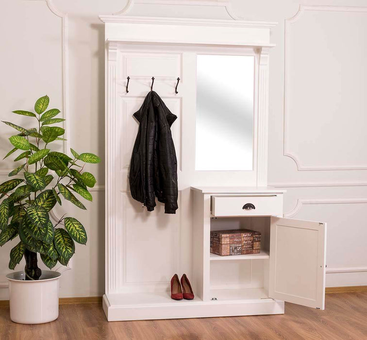 Garderobe aus Massivholz mit Spiegel und Schrankablage - Weiß