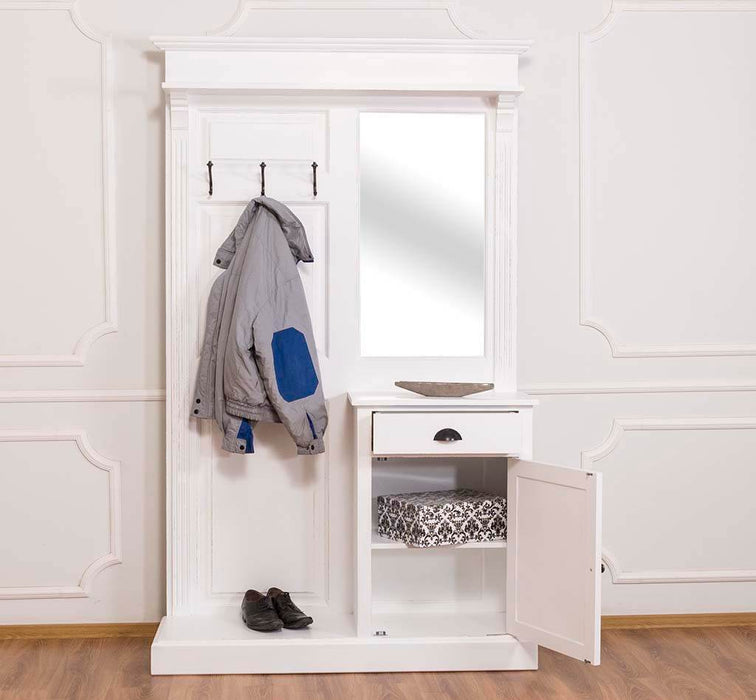 Garderobe aus Massivholz mit Spiegel und Schrankablage - Weiß