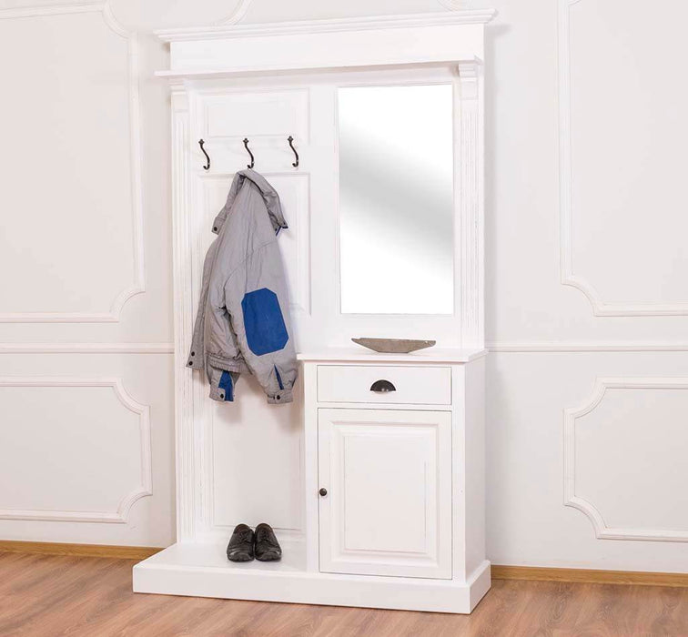 Garderobe aus Massivholz mit Spiegel und Schrankablage - Weiß