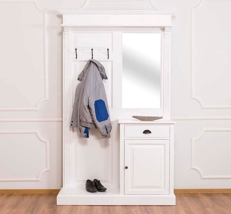 Garderobe aus Massivholz mit Spiegel und Schrankablage - Altweiß