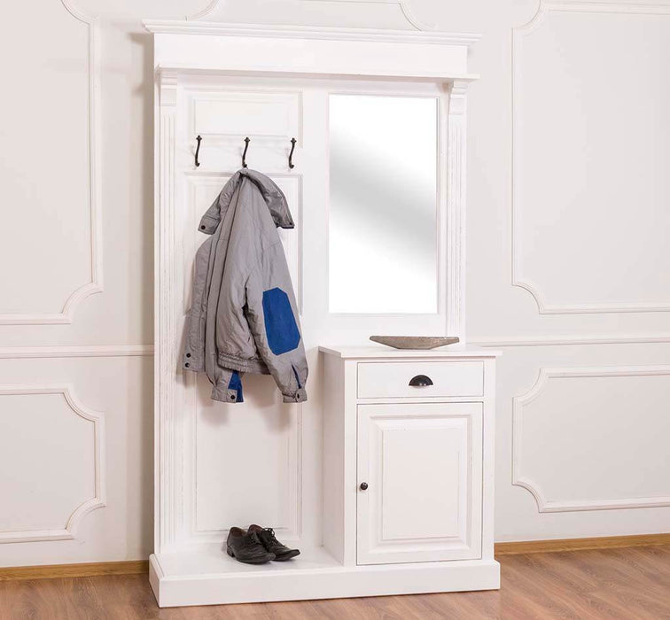 Garderobe aus Massivholz mit Spiegel und Schrankablage - Weiß