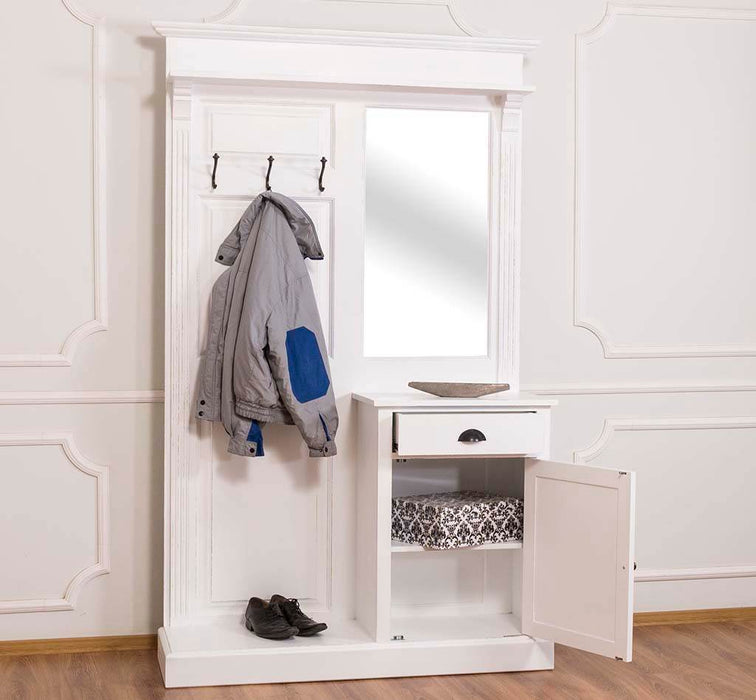 Garderobe aus Massivholz mit Spiegel und Schrankablage - Weiß