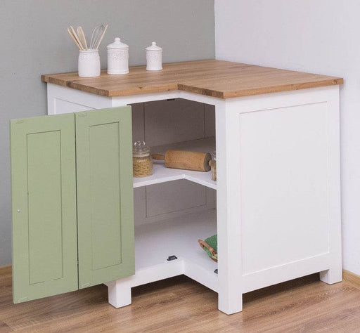 Kücheneckschrank aus Massivholz | Eckschrank mit Rondelloption - Mit Regalböden