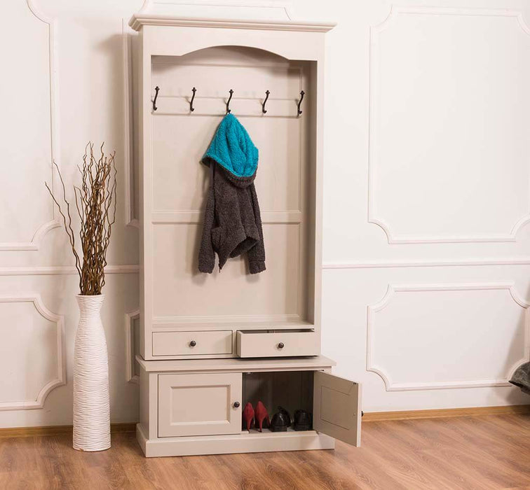 Garderobenschrank aus Massivholz mit 5 Haken & Stauraum - Creme