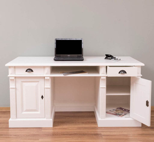 Schreibtisch aus Massivholz | Arbeitsplatz mit 2 Schubladen und 2 Türen - Weiß