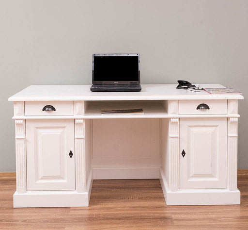 Schreibtisch aus Massivholz | Arbeitsplatz mit 2 Schubladen und 2 Türen - Weiß