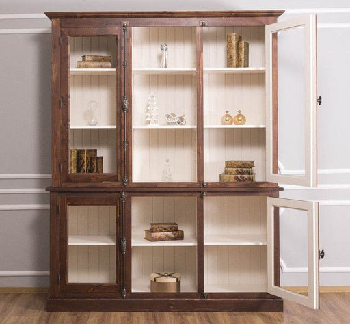 Bücherschrank aus Massivholz im Landhausstil | mit Glastüren und externem Verschluß | Vitrine | 2-teilig - Ganzer Schrank