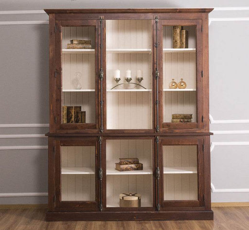 Bücherschrank aus Massivholz im Landhausstil | mit Glastüren und externem Verschluß | Vitrine | 2-teilig - Ganzer Schrank