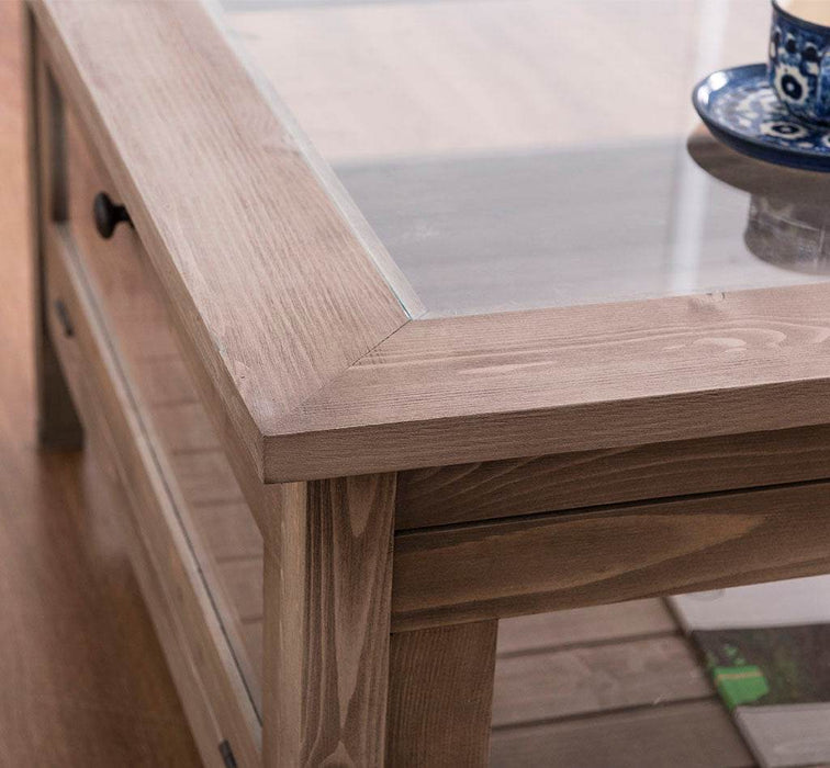 Couchtisch aus Massivholz mit Vitrine - Fenstertüren und Glasplatte - Gewachst
